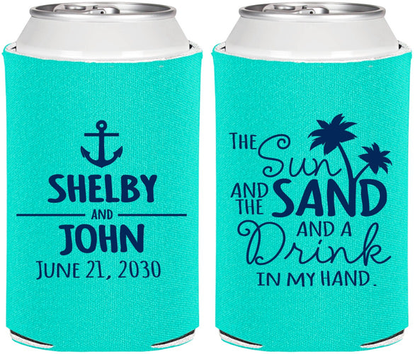 Personalized Wedding Can Coolers - Sun Sand Drink In My Hand | 233
