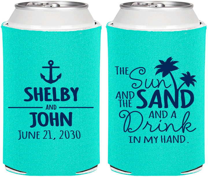 Personalized Wedding Can Coolers - Sun Sand Drink In My Hand | 233