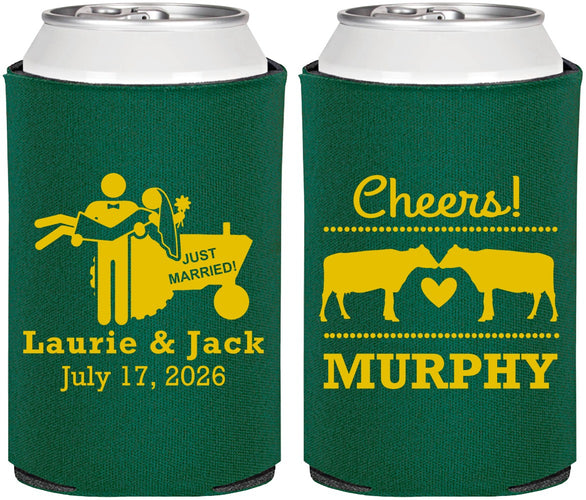 Personalized Wedding Can Coolers - Tractor Cows | 257