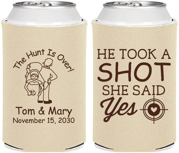 Personalized Wedding Can Coolers - He Took A Shot She Said Yes | 259