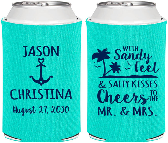 Personalized Wedding Can Coolers - Sandy Feet Salty Kisses | 290