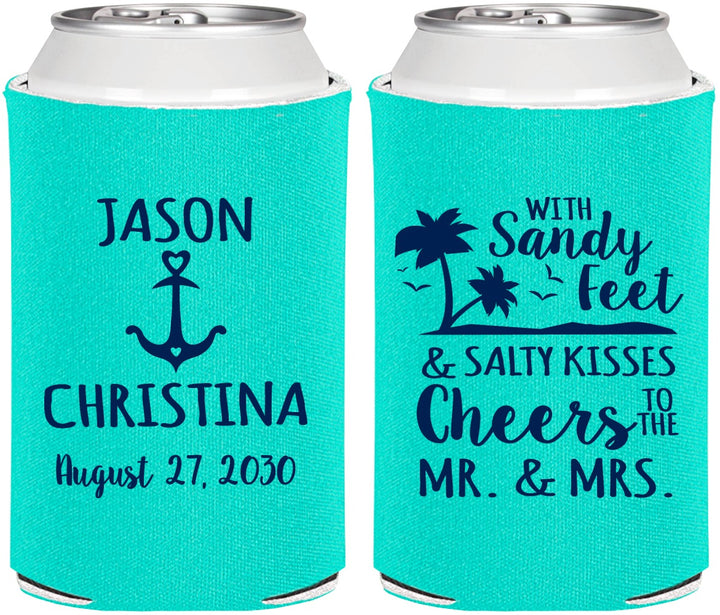 Personalized Wedding Can Coolers - Sandy Feet Salty Kisses | 290