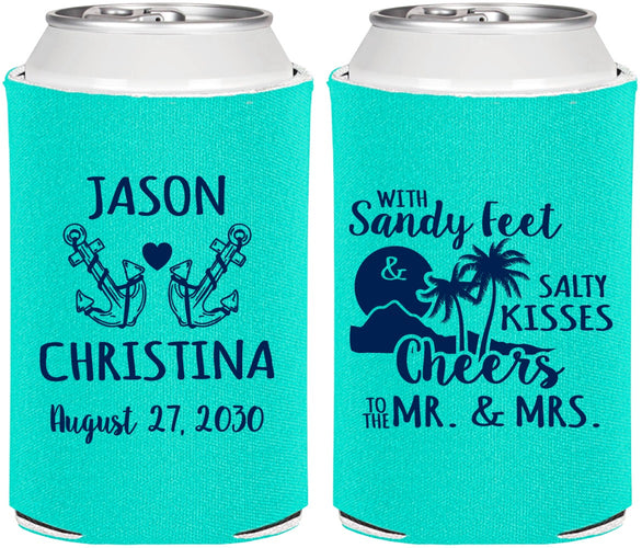 Personalized Wedding Can Coolers - Sandy Feet Salty Kisses | 291