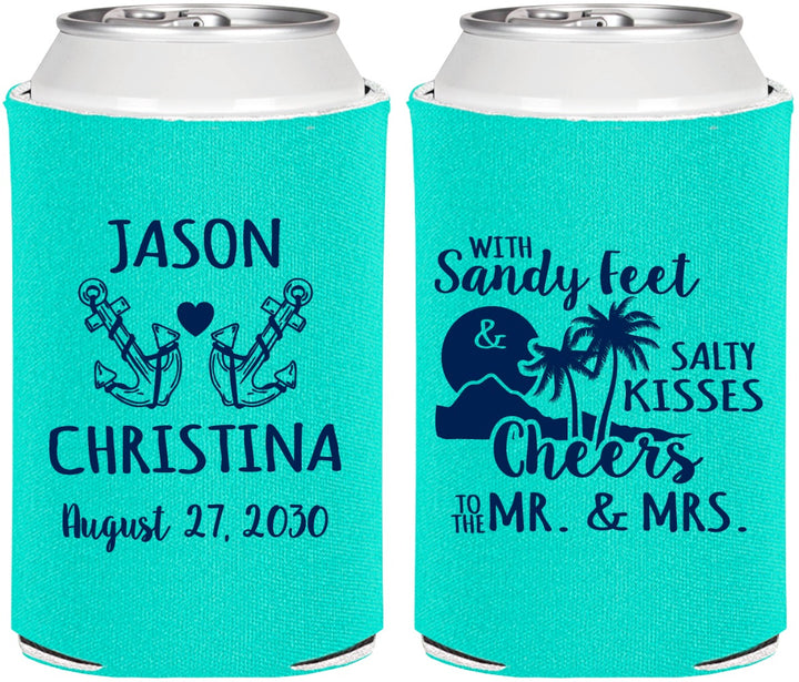 Personalized Wedding Can Coolers - Sandy Feet Salty Kisses | 291