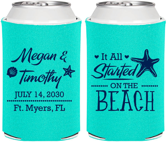 Personalized Wedding Can Coolers - Started On The Beach | 295