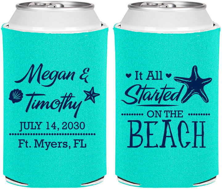 Personalized Wedding Can Coolers - Started On The Beach | 295