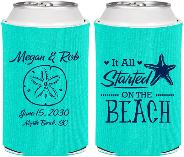Personalized Wedding Can Coolers - Started On The Beach | 298