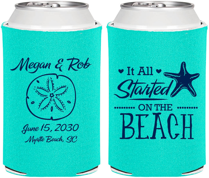 Personalized Wedding Can Coolers - Started On The Beach | 298
