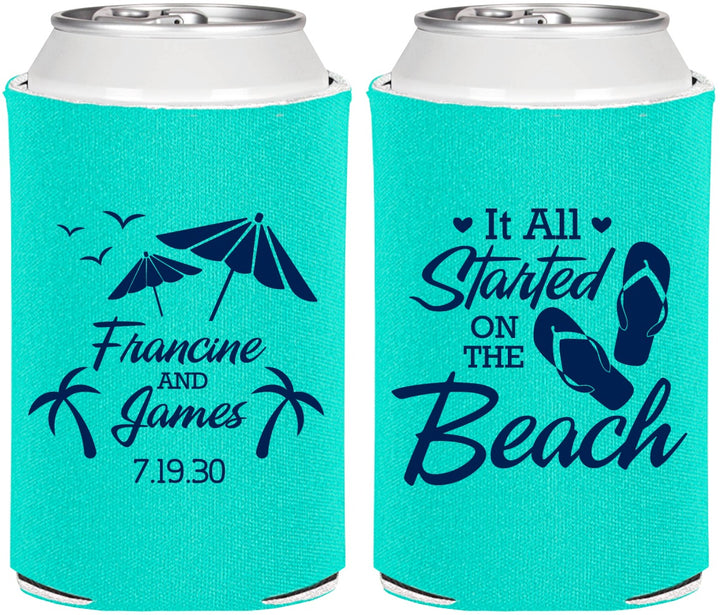 Personalized Wedding Can Coolers - Started On The Beach | 310