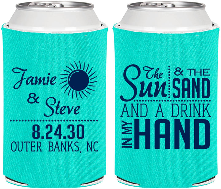 Personalized Wedding Can Coolers - Sun Sand Drink In My Hand | 319