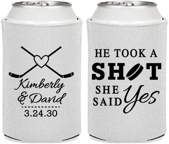 Personalized Wedding Can Coolers - Took A Shot Hockey | 323