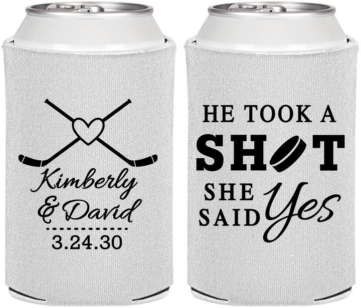 Personalized Wedding Can Coolers - Took A Shot Hockey | 323