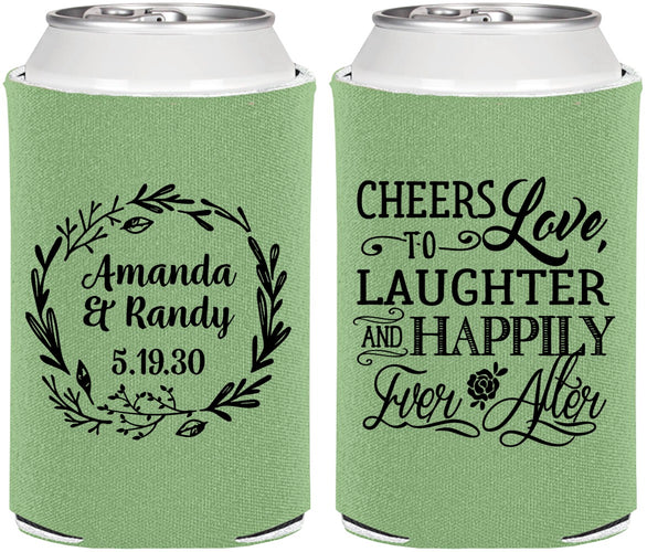 Personalized Wedding Can Coolers - Love Laughter Happily | 326