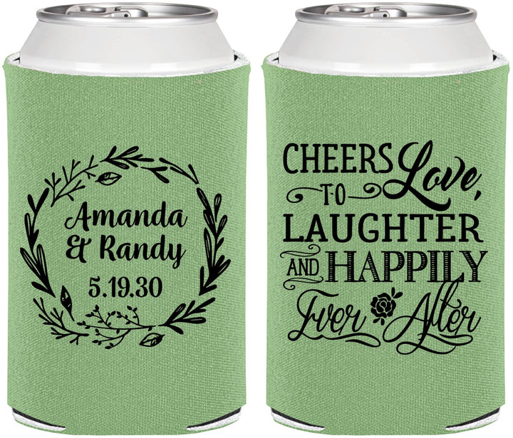 Personalized Wedding Can Coolers - Love Laughter Happily | 326