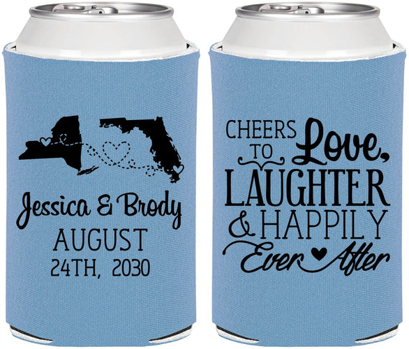 Personalized Wedding Can Coolers - Love Laughter Happily | 329