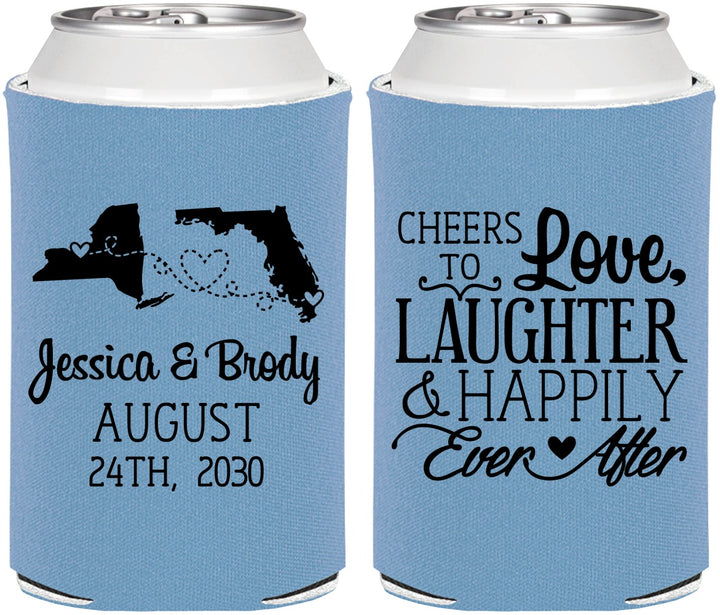 Personalized Wedding Can Coolers - Love Laughter Happily | 329