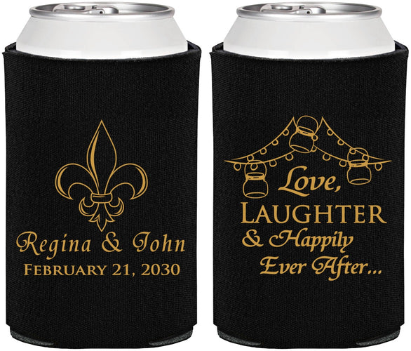 Personalized Wedding Can Coolers - Love Laughter Happily | 338