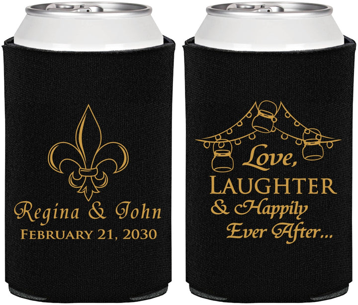 Personalized Wedding Can Coolers - Love Laughter Happily | 338