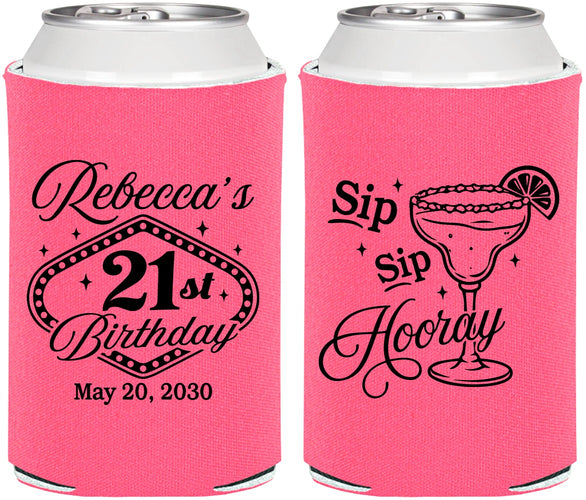 Personalized 21st Birthday Can Coolers - Sip Sip Hooray Vegas | 340006