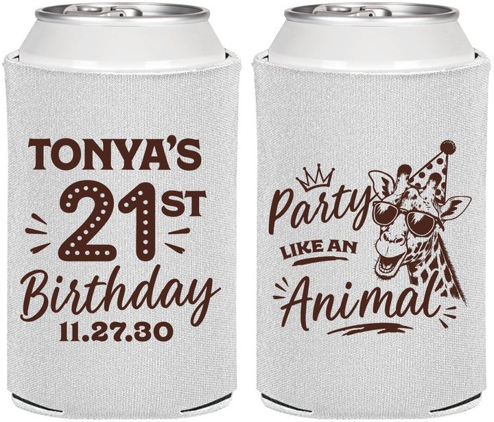 Personalized 21st Birthday Can Coolers - Party Like An Animal Giraffe | 340022