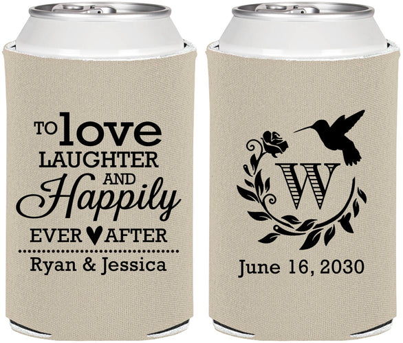 Personalized Wedding Can Coolers - Love Laughter Happily | 345