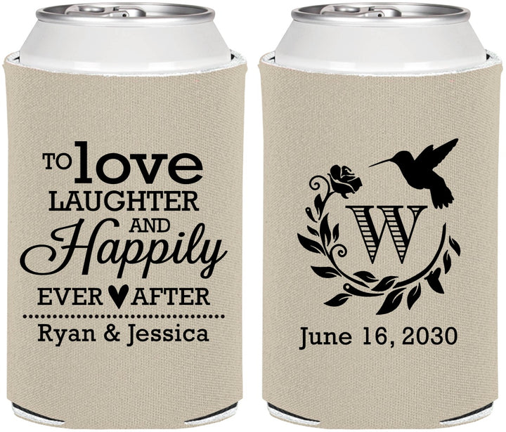 Personalized Wedding Can Coolers - Love Laughter Happily | 345
