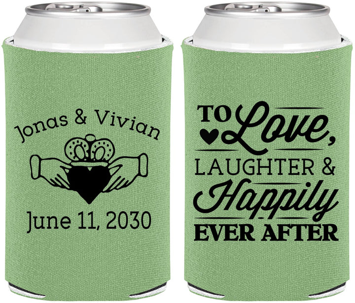 Personalized Wedding Can Coolers - Love Laughter Happily | 346