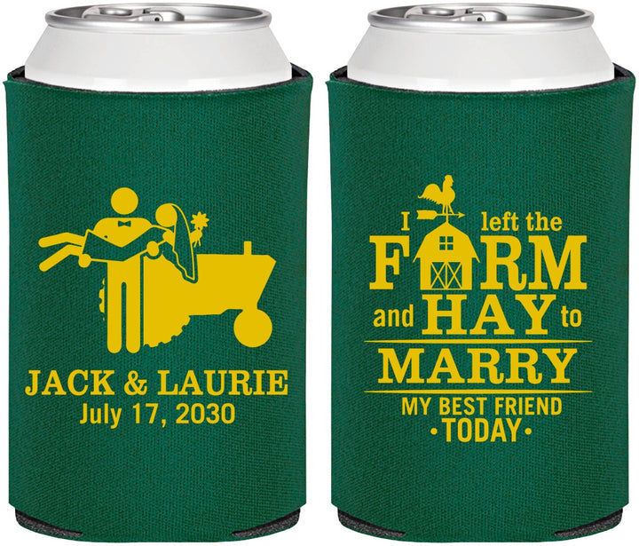Personalized Wedding Can Coolers - Left The Farm Tractor | 347