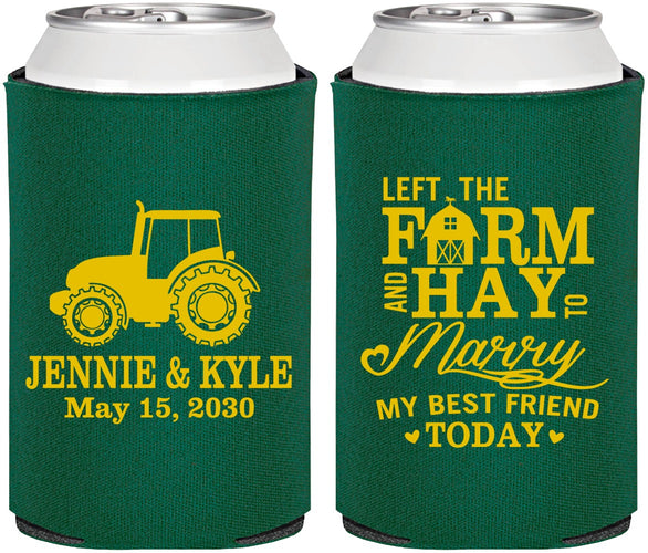 Personalized Wedding Can Coolers - Left The Farm Tractor | 351