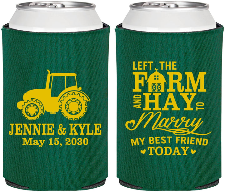 Personalized Wedding Can Coolers - Left The Farm Tractor | 351