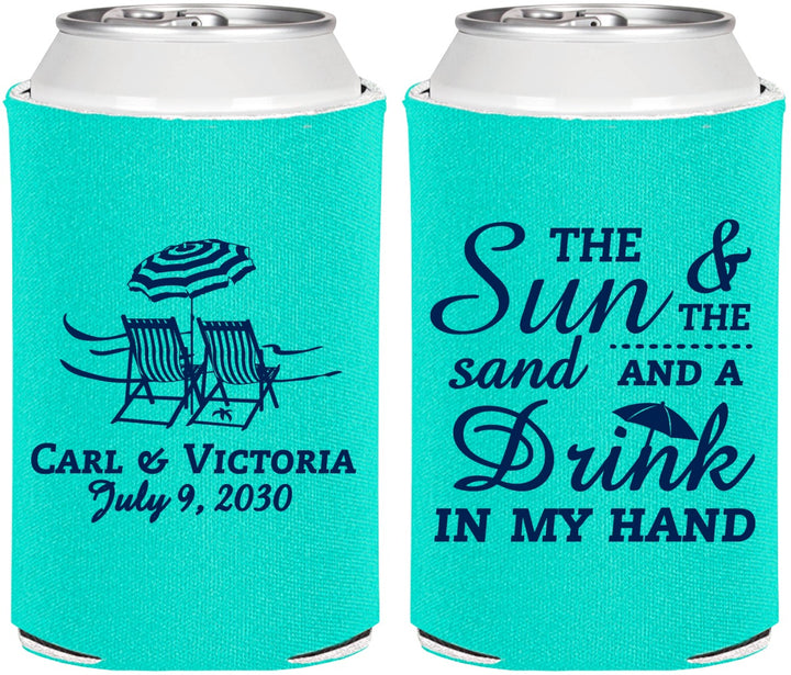 Personalized Wedding Can Coolers - Sun Sand Drink In My Hand | 353