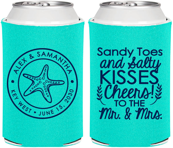 Personalized Wedding Can Coolers - Sandy Feet Salty Kisses | 355