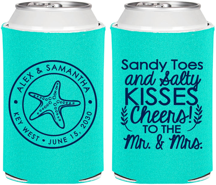 Personalized Wedding Can Coolers - Sandy Feet Salty Kisses | 355