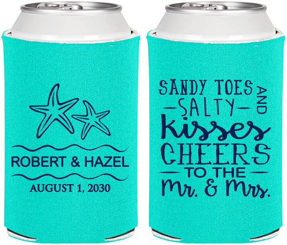 Personalized Wedding Can Coolers - Sandy Feet Salty Kisses | 356