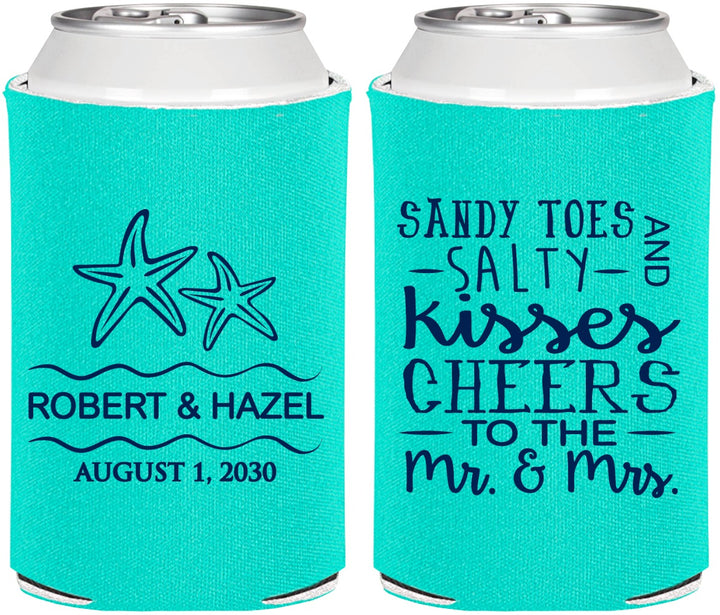 Personalized Wedding Can Coolers - Sandy Feet Salty Kisses | 356