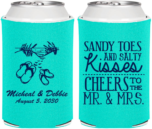 Personalized Wedding Can Coolers - Sandy Feet Salty Kisses | 357