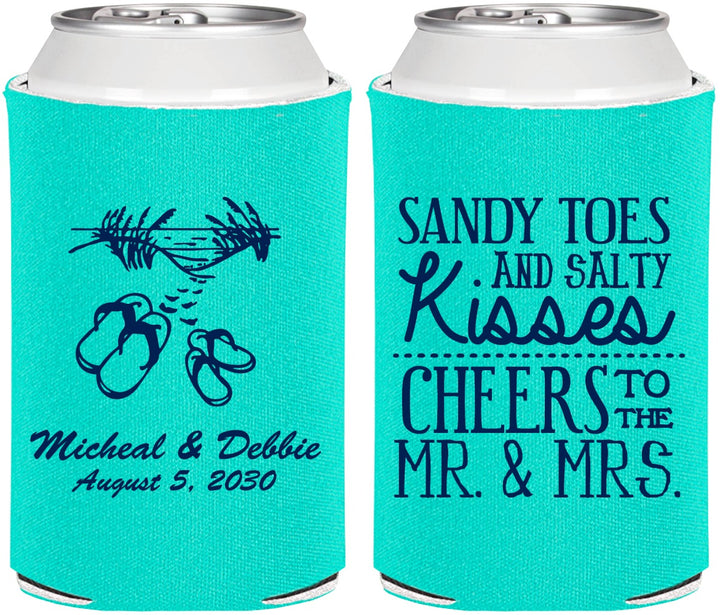 Personalized Wedding Can Coolers - Sandy Feet Salty Kisses | 357