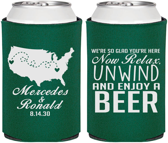 Personalized Wedding Can Coolers - Relax Unwind Enjoy Beer | 360