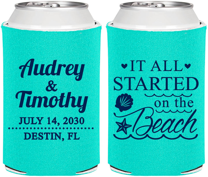 Personalized Wedding Can Coolers - Started On The Beach | 361