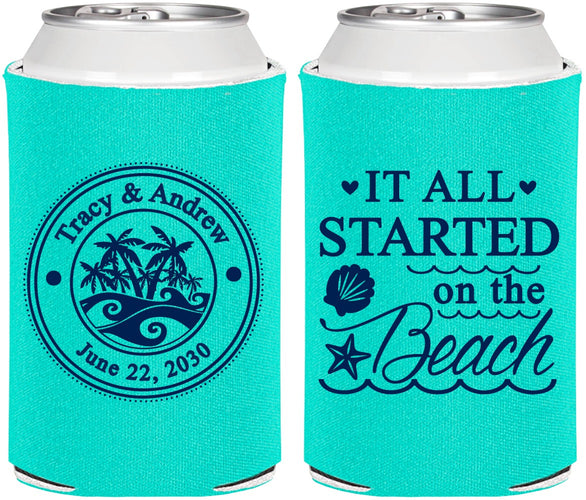 Personalized Wedding Can Coolers - Started On The Beach | 362