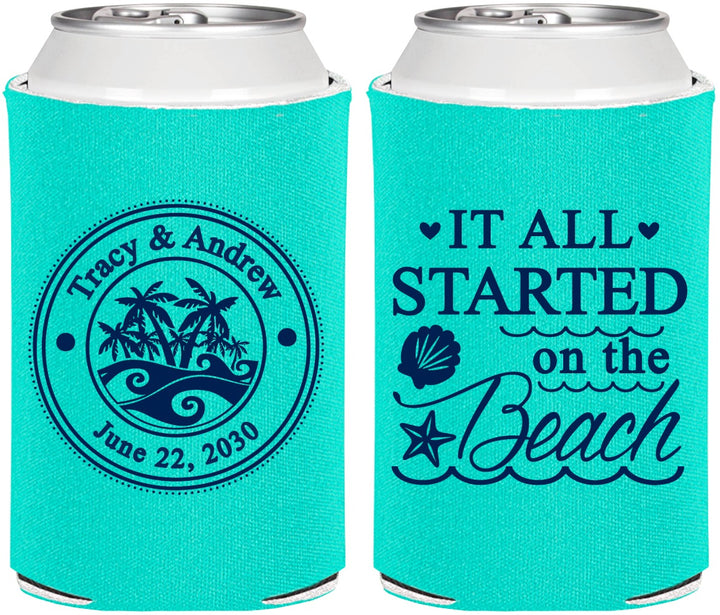 Personalized Wedding Can Coolers - Started On The Beach | 362