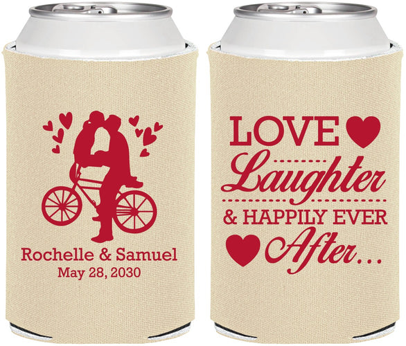 Personalized Wedding Can Coolers - Love Laughter Happily | 376