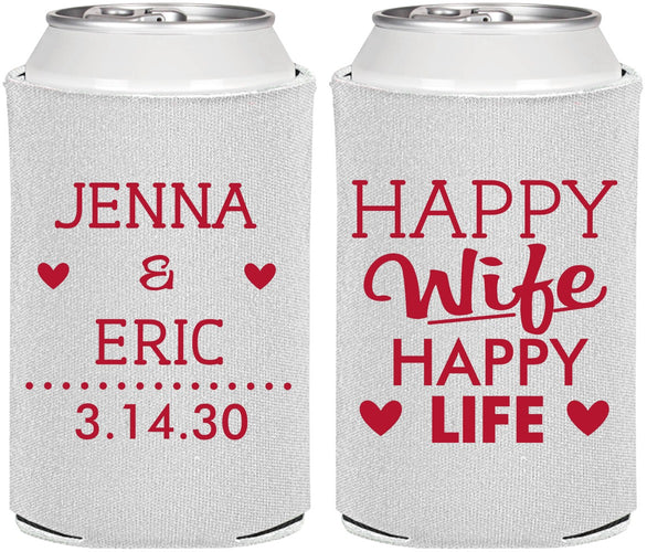 Personalized Wedding Can Coolers - Happy Wife Happy Life | 393