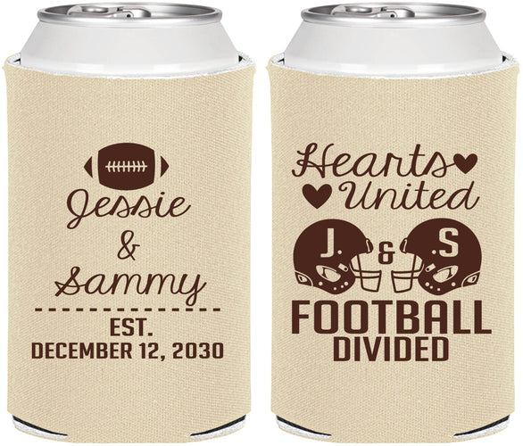 Personalized Wedding Can Coolers - Hearts United Football | 395