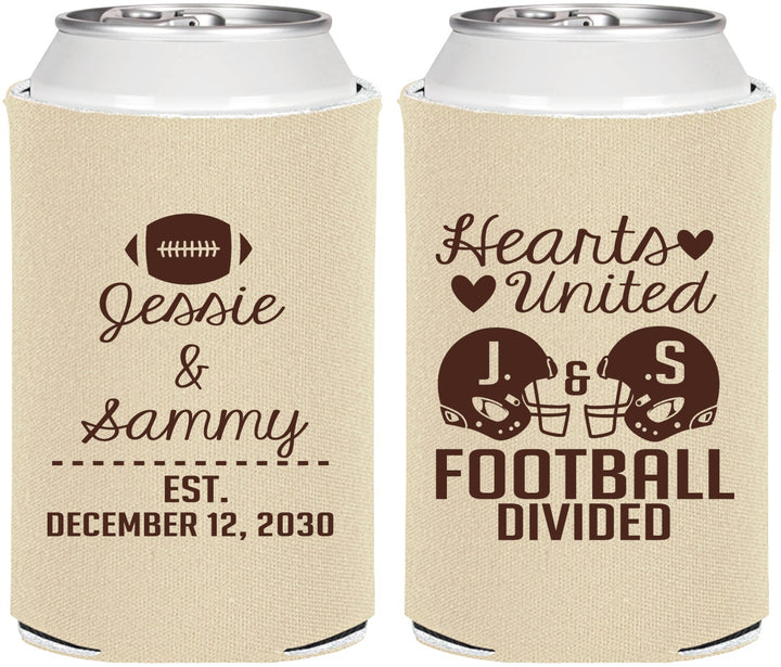 Personalized Wedding Can Coolers - Hearts United Football | 395