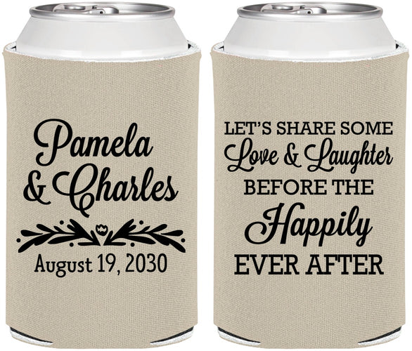 Personalized Wedding Can Coolers - Love Laughter Happily | 409