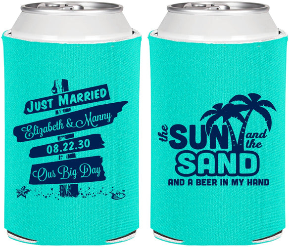 Personalized Wedding Can Coolers - Sun Sand Drink In My Hand | 416