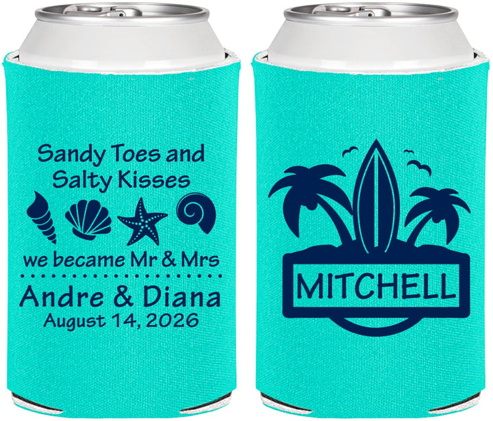 Personalized Wedding Can Coolers - Sandy Toes Salty Kisses | 419
