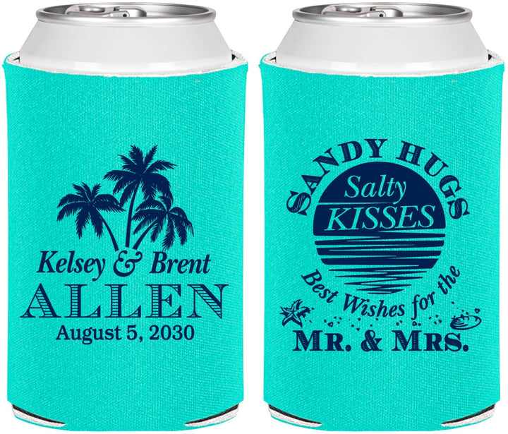 Personalized Wedding Can Coolers - Sandy Hugs Salty Kisses | 425