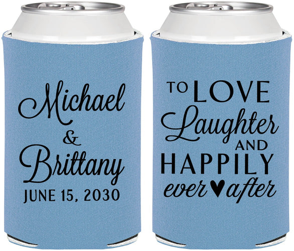 Personalized Wedding Can Coolers - Love Laughter Happily | 432